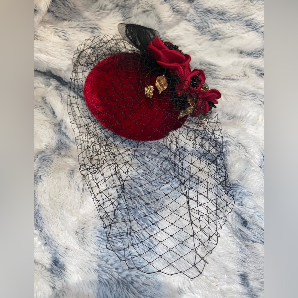 Red Vintage Inspired Fascinator/Pillbox Hat with Flowers